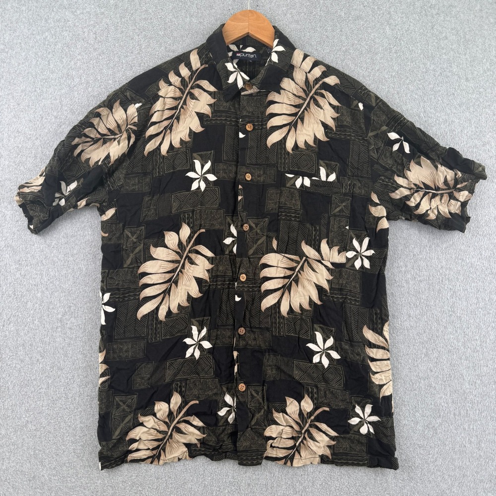Puritan Button Up Shirt Mens M Black Hawaiian Floral Tropical Rayon Casual